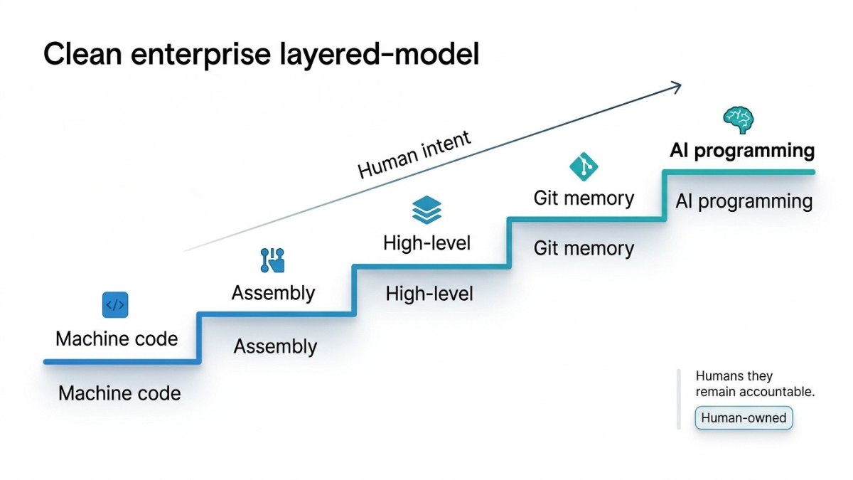 Layered diagram showing programming moving from machine code to AI programming, with human intent increasing across the stack.
