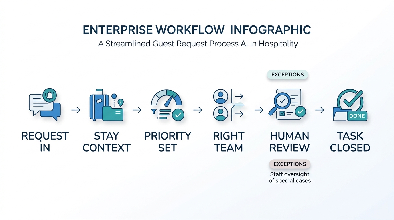 Workflow diagram showing a guest request moving through context, prioritization, routing, human review, and closure.