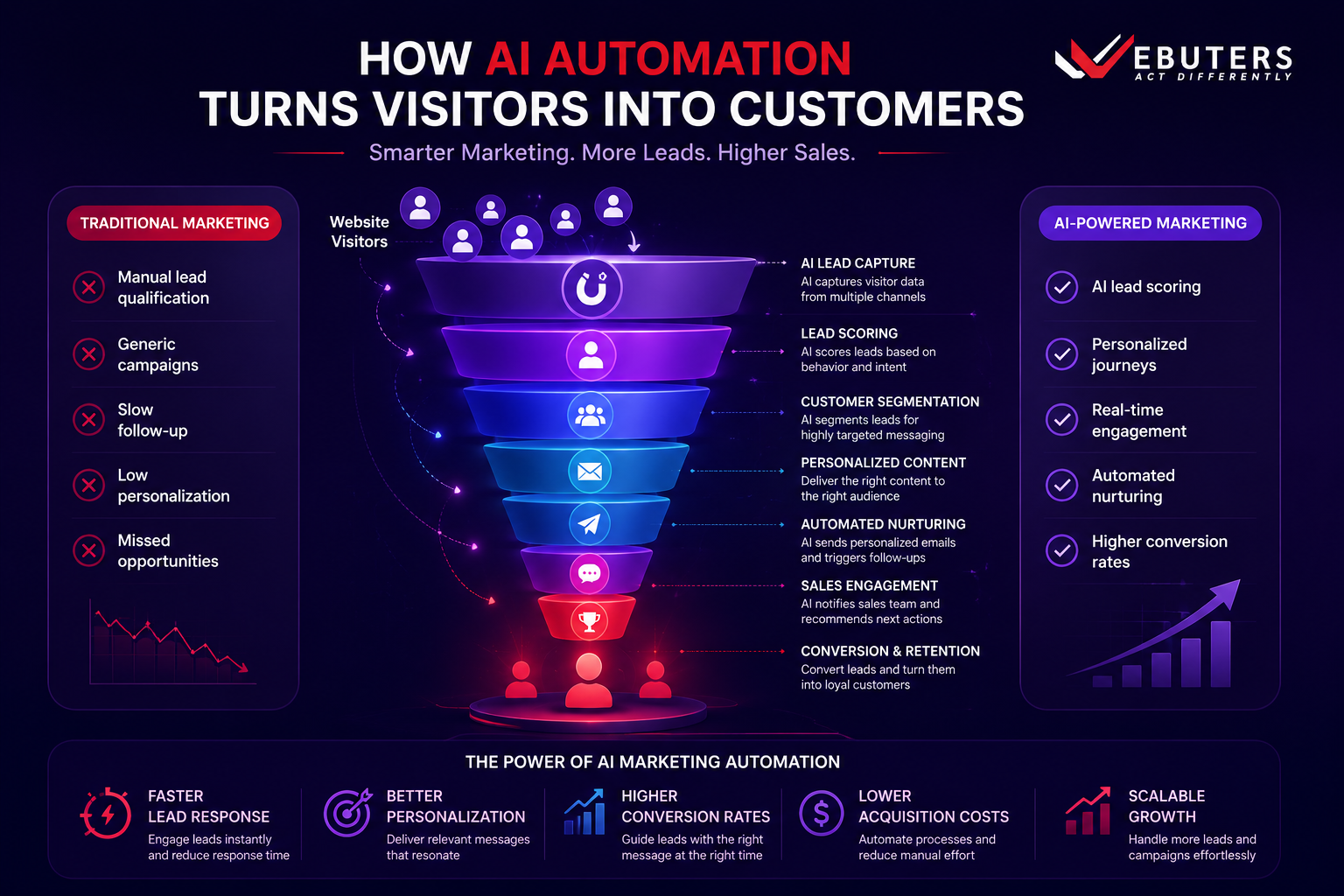 AI marketing automation funnel showing how businesses convert website visitors into customers through AI lead capture, lead scoring, customer segmentation, personalized content, automated nurturing, sales engagement, and conversion optimization.