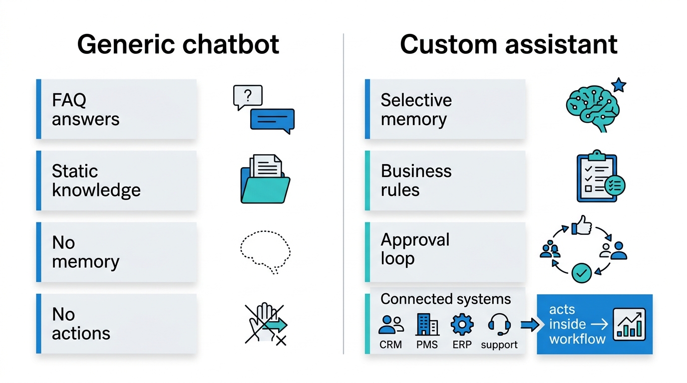 Side-by-side diagram comparing a generic chatbot for FAQs with a custom AI assistant connected to business systems.