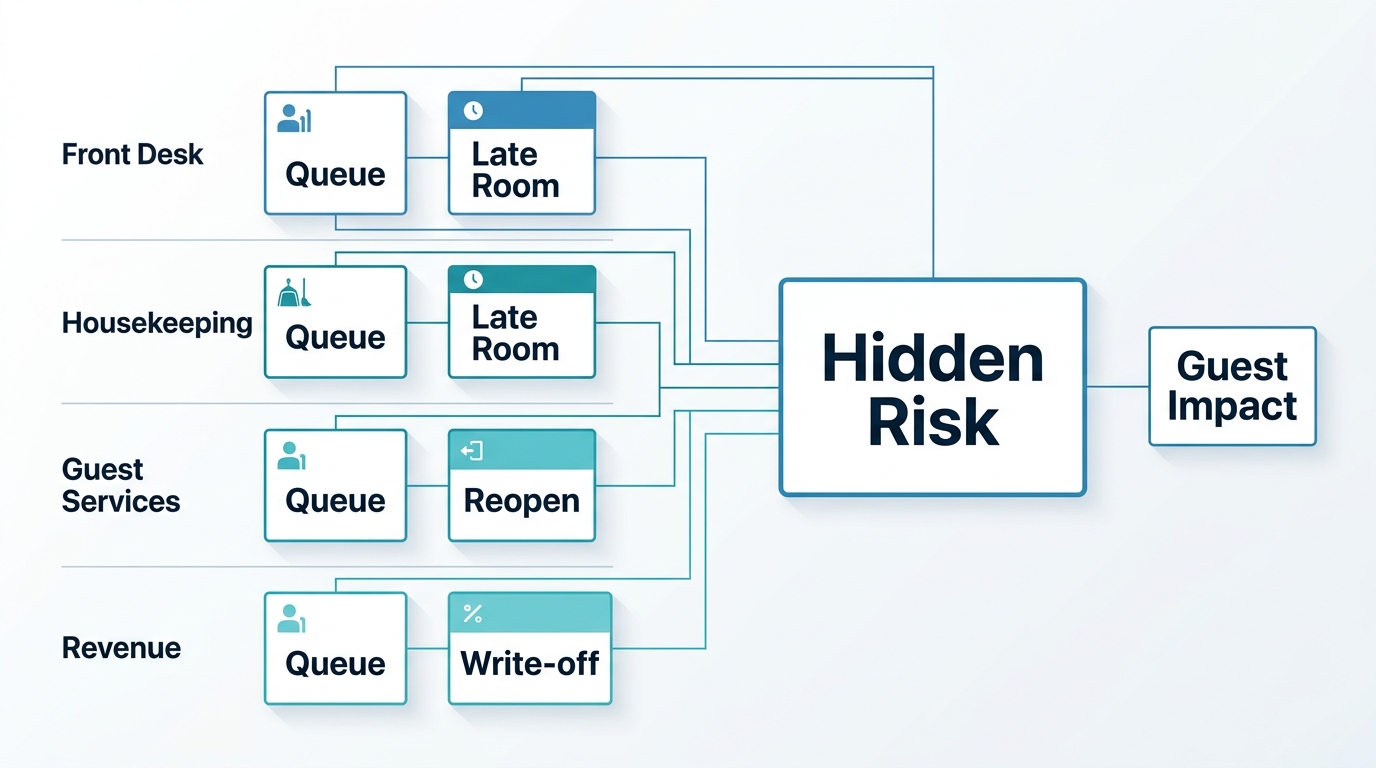 Diagram showing front desk, housekeeping, guest services, and revenue signals converging into one hidden hotel operational risk.