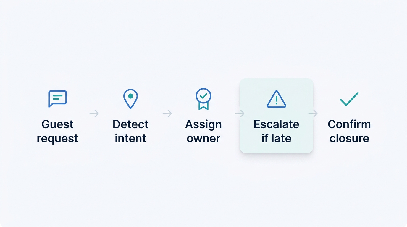Workflow showing a hotel guest request move from message intake to AI triage, owner assignment, escalation, and confirmed closure.