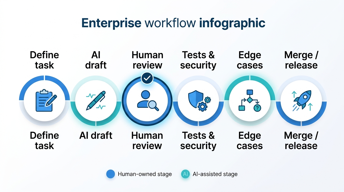 Workflow diagram of AI-assisted development with human review, testing, compliance checks, and final merge or release approval.