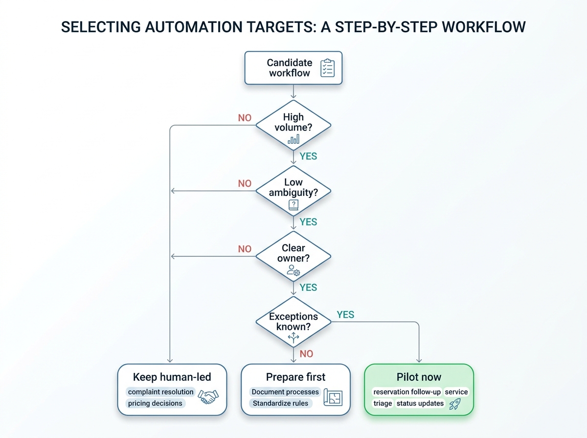 Decision tree for choosing the first enterprise workflow to automate based on volume, ambiguity, ownership, and exceptions.
