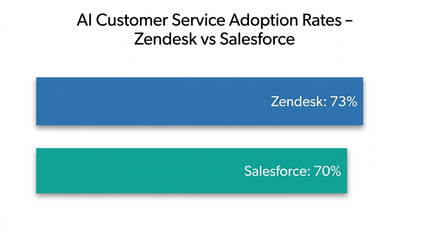 Horizontal bar chart comparing AI customer service adoption: 73% from Zendesk and 70% from Salesforce.