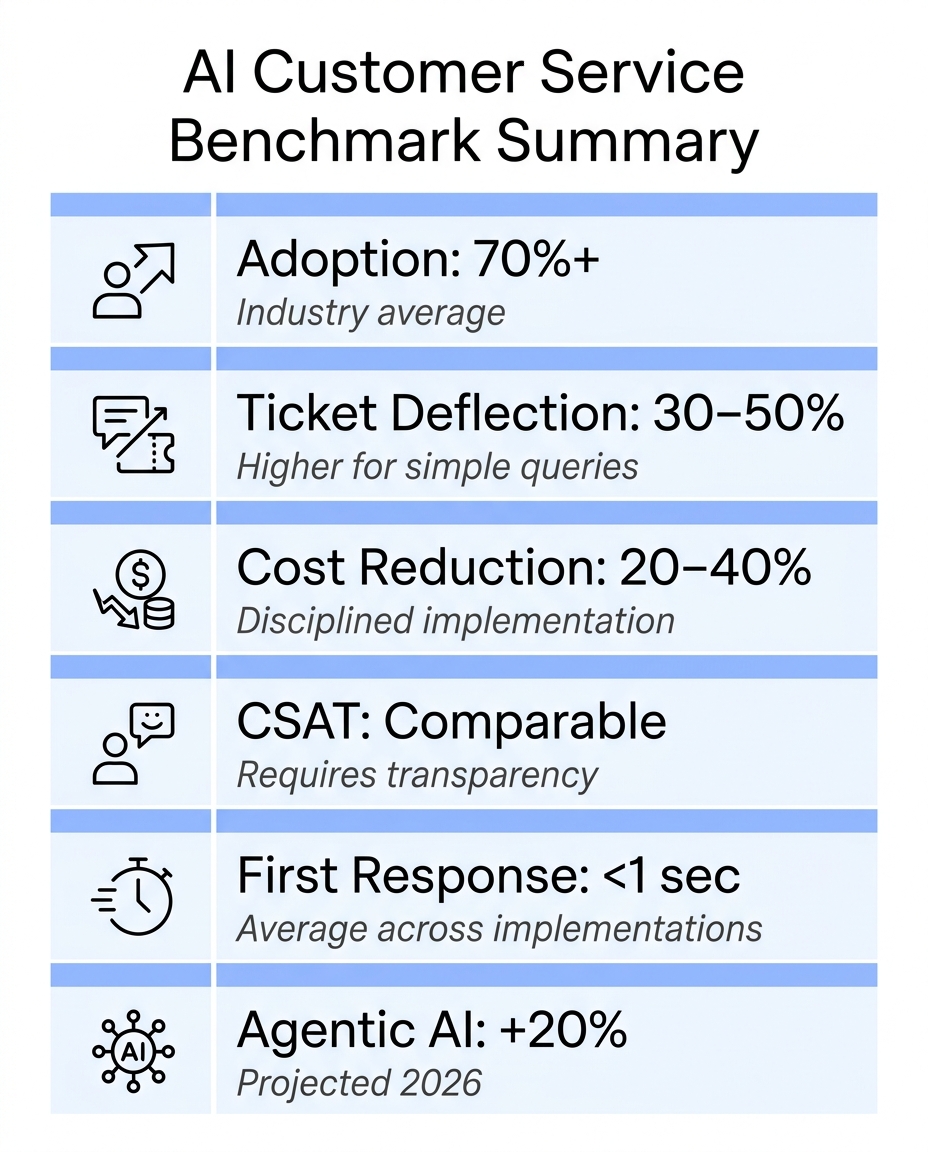 Summary infographic of key AI customer service benchmarks: adoption, deflection, cost savings, CSAT, response time, and agentic AI reduction.
