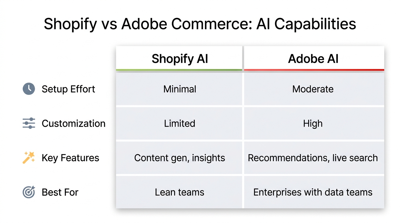 Comparison table: Shopify AI (Magic & Sidekick) vs Adobe Sensei. Setup effort: minimal vs moderate. Customization: limited vs high. Key features: content