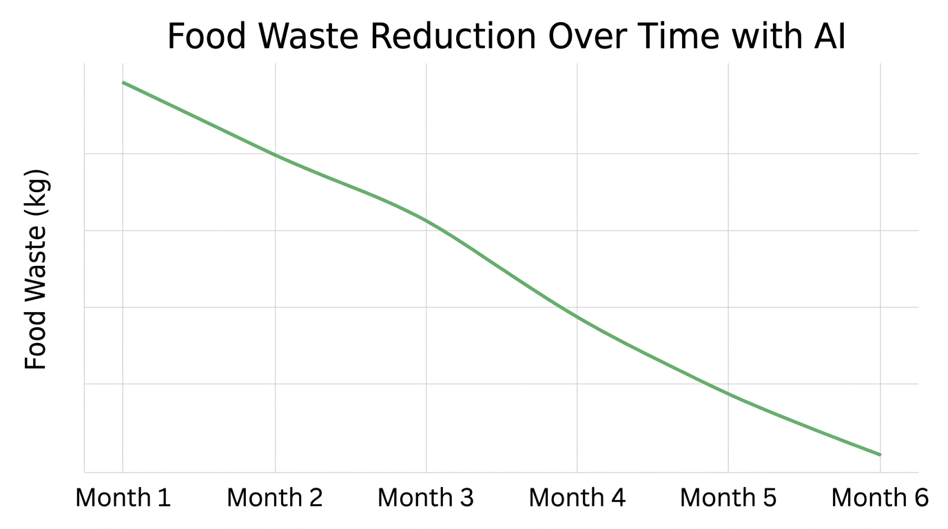 Line graph showing a steady downward trend in food waste over six months, from initial high to significantly lower level.