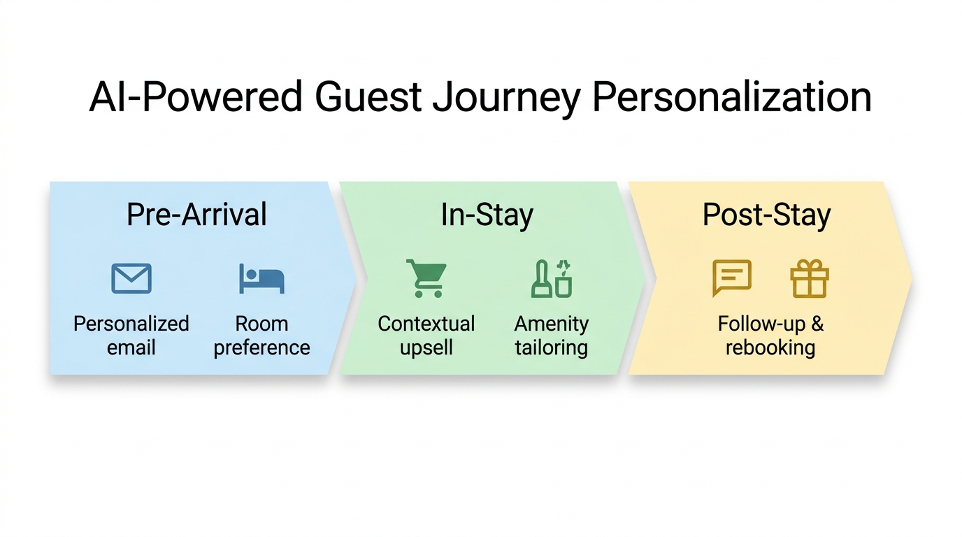Timeline infographic of guest journey: pre-arrival, in-stay, post-stay segments with AI touchpoints (personalized email, room pref, upsell, follow-up).