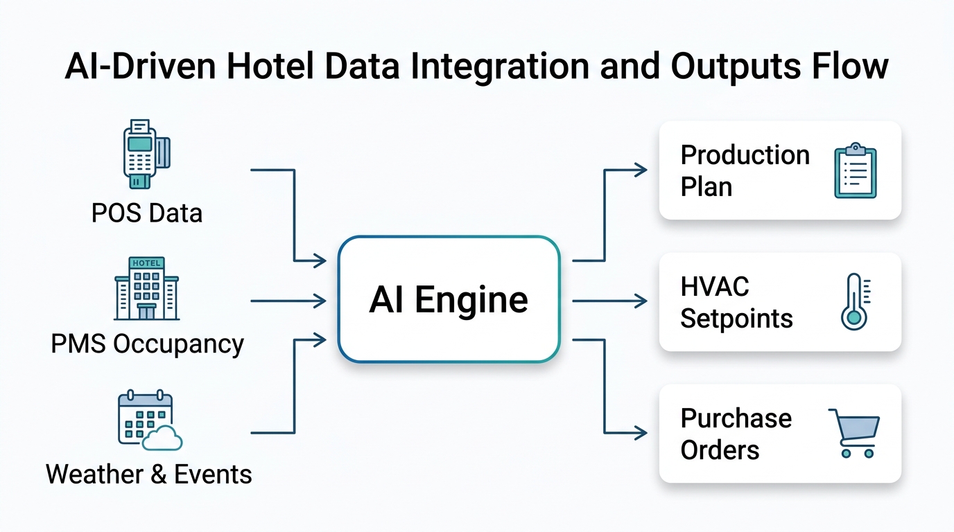 Flow diagram showing data sources feeding into AI engine and outputting production plan, HVAC setpoints, and purchase orders for hotel optimization.