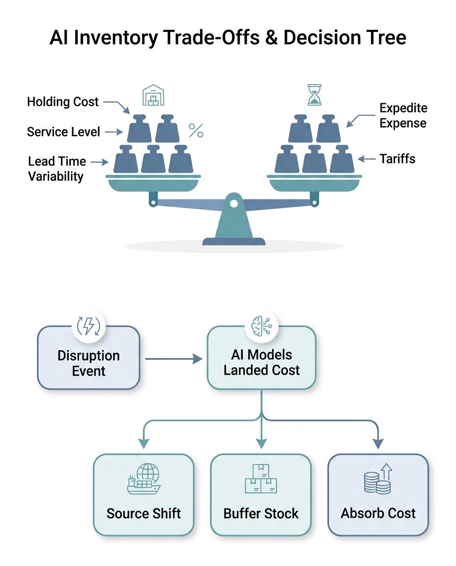 Infographic showing a balance scale weighing five inventory cost factors and a decision tree with AI-recommended actions.