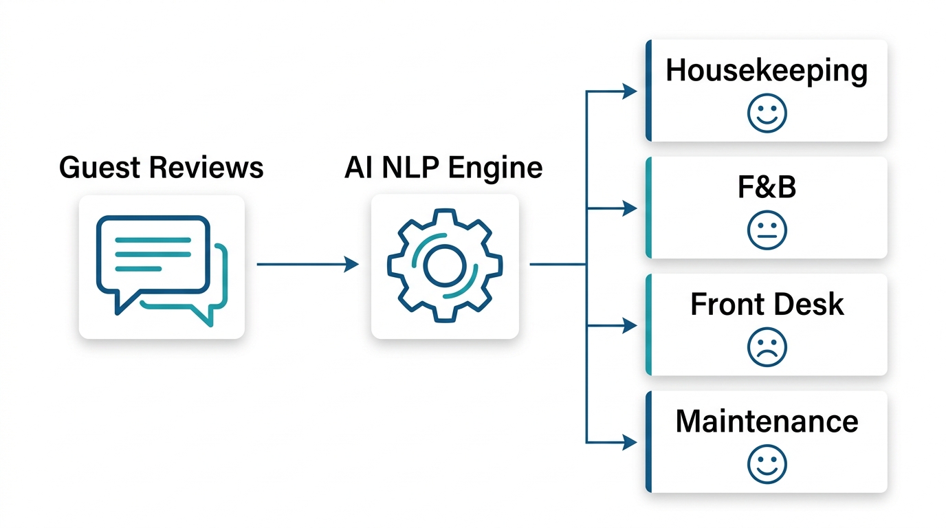 AI NLP engine processes guest reviews, extracting department themes and sentiment for Housekeeping, F&B, Front Desk, and Maintenance.