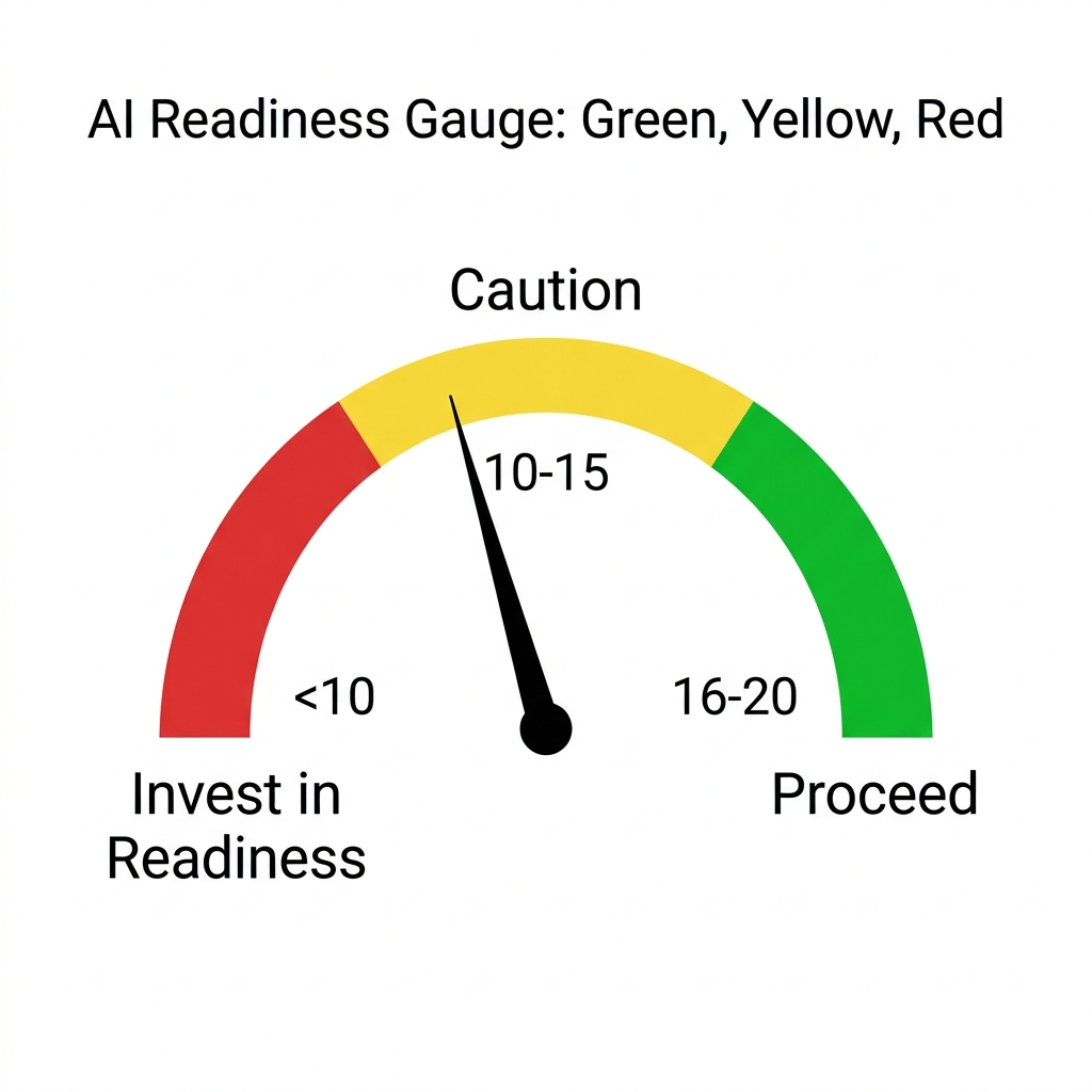 AI readiness gauge: green (16-20) Proceed, yellow (10-15) Caution, red (<10) Invest in Readiness. Needle at 13 (yellow).