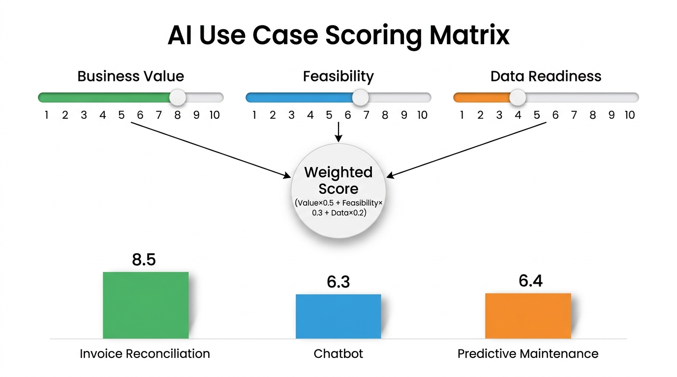 Diagram of three-axis scoring matrix with sample use case comparison of invoice reconciliation, chatbot, and predictive maintenance.