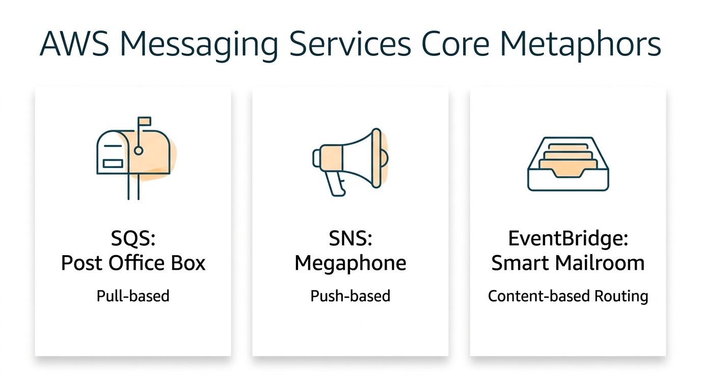 Three-column diagram comparing AWS messaging services: SQS as a post office box (pull-based), SNS as a megaphone (push-based), and EventBridge as a smart