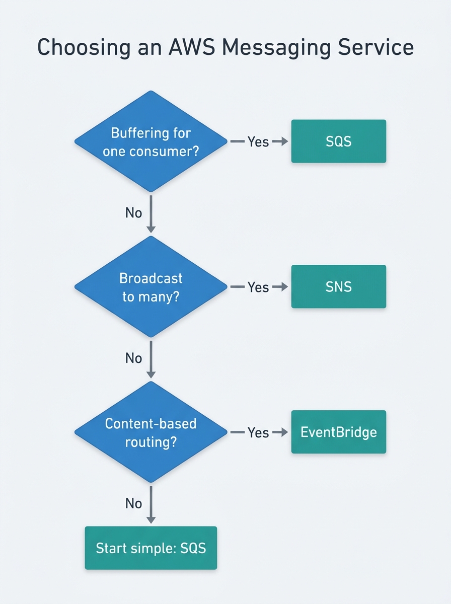 Decision flowchart for AWS messaging: buffering for one consumer chooses SQS, broadcast to many chooses SNS, content-based routing chooses EventBridge