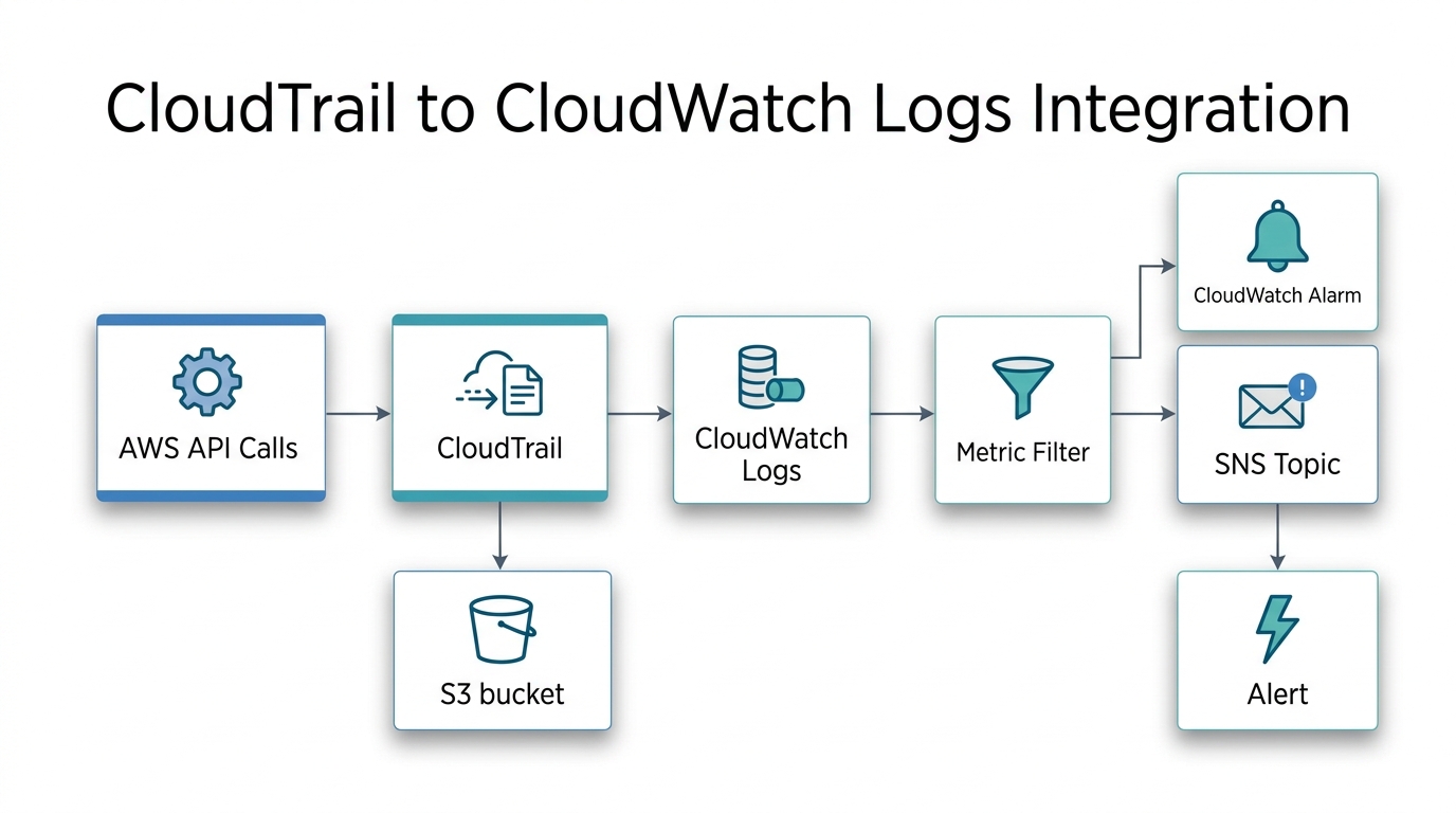 Architecture diagram showing CloudTrail sending logs to CloudWatch Logs, then through a metric filter to a CloudWatch alarm and SNS notification, with optional