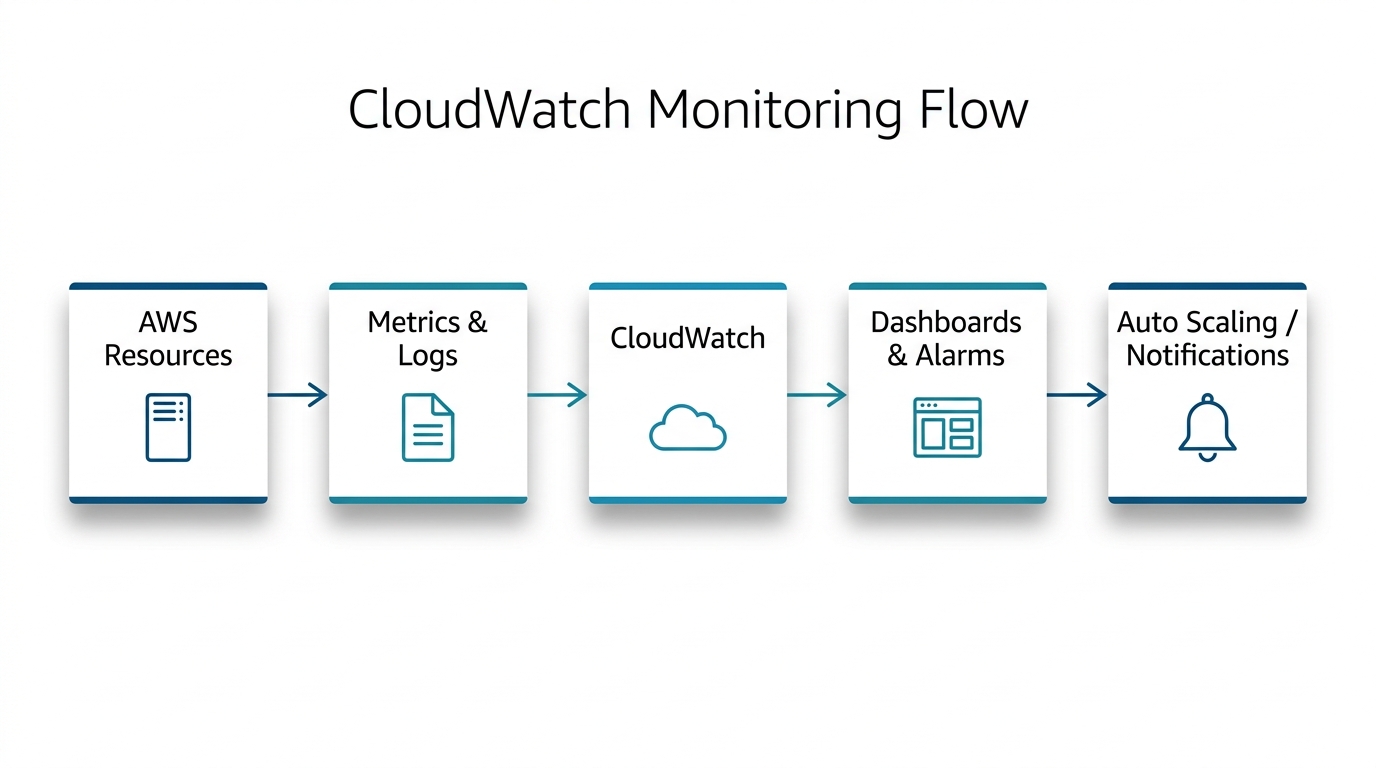 Workflow diagram illustrating how CloudWatch collects metrics from AWS resources, populates dashboards, and triggers alarms for Auto Scaling or notifications.
