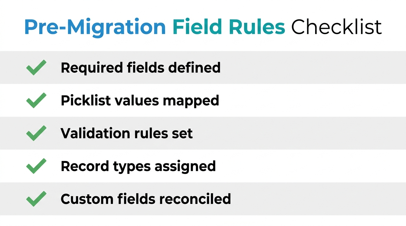 Checklist infographic of five essential field rules for CRM migration: required fields, picklist values, validation rules, record types, custom fields.