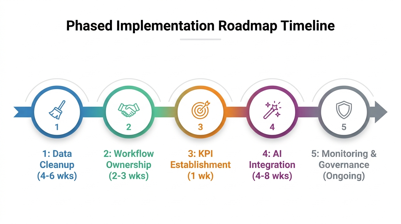 Timeline showing five phases: Data Cleanup, Workflow Ownership, KPI Establishment, AI Integration, Monitoring & Governance.