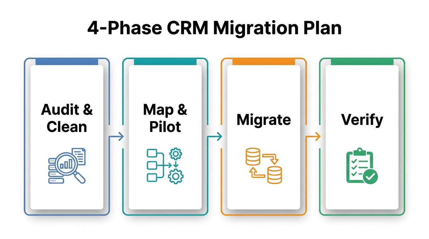 Process infographic showing four phases of CRM migration: Audit & Clean, Map & Pilot, Migrate, Verify, with duration and success rate labels.