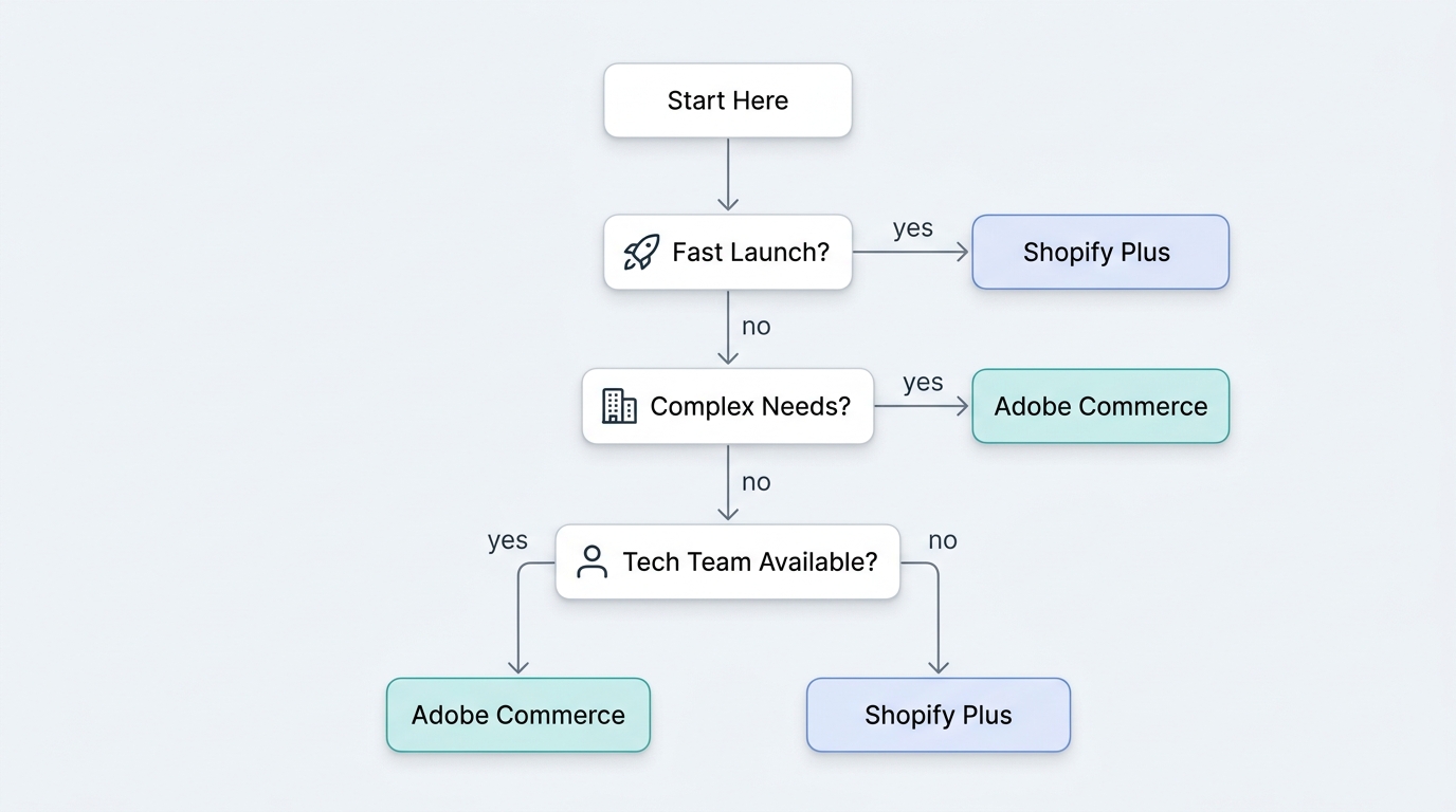 Decision flowchart asking: do you need a fast launch? Do you have complex B2B needs? Leads to Shopify Plus or Adobe Commerce.