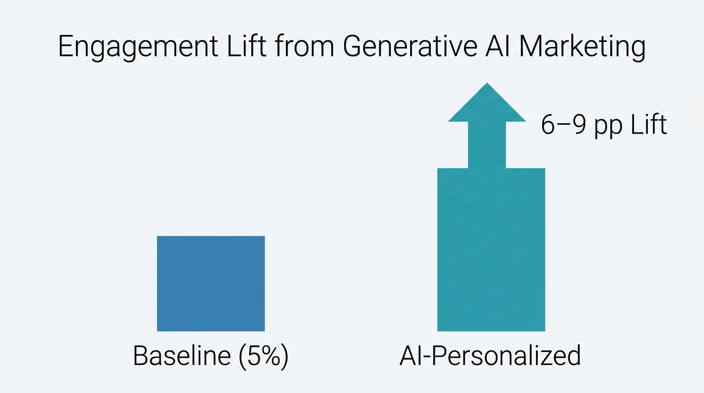 Bar chart showing a 5% baseline engagement and a 6-9 percentage point lift from generative AI marketing.