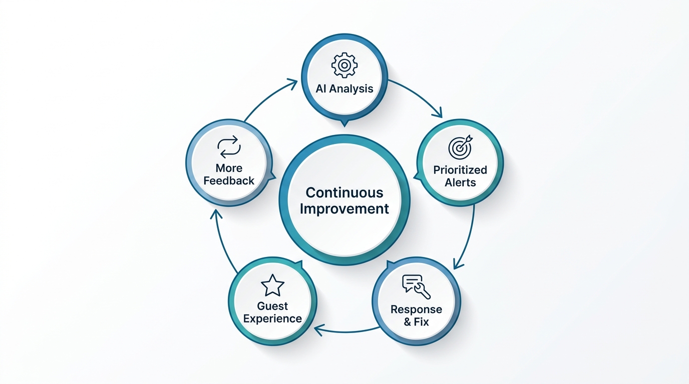Hotel reputation management feedback flywheel with five stages: AI Analysis, Prioritized Alerts, Response & Fix, Guest Experience, More Feedback.