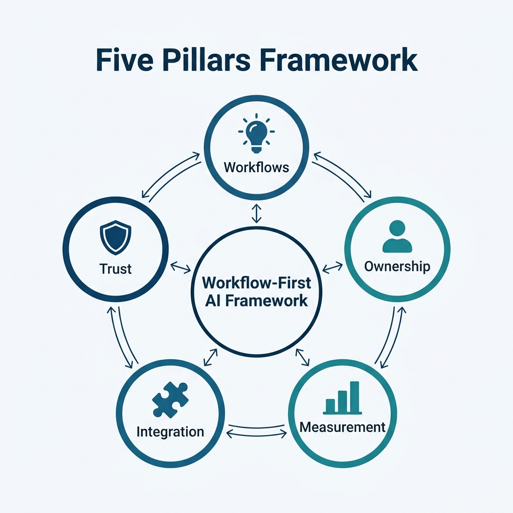 Circular diagram: five pillars (Workflows, Ownership, Measurement, Integration, Trust) around a central hub 'Workflow-First AI Framework' for shopify development services and other commerce with connecting arrows