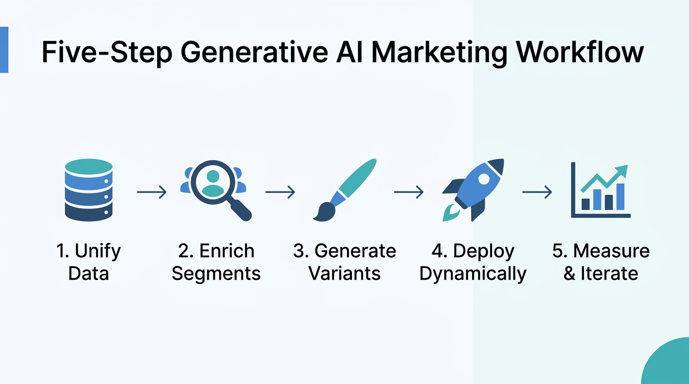 Infographic of the five-step generative AI marketing workflow from data unification to measurement.