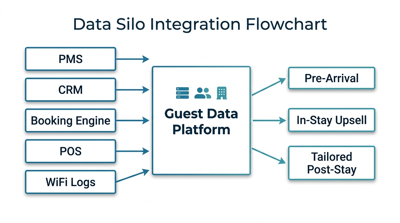 Flowchart of data silos (PMS, CRM, booking, POS, WiFi) feeding a Guest Data Platform to enable personalized pre-arrival, upsell, and post-stay.