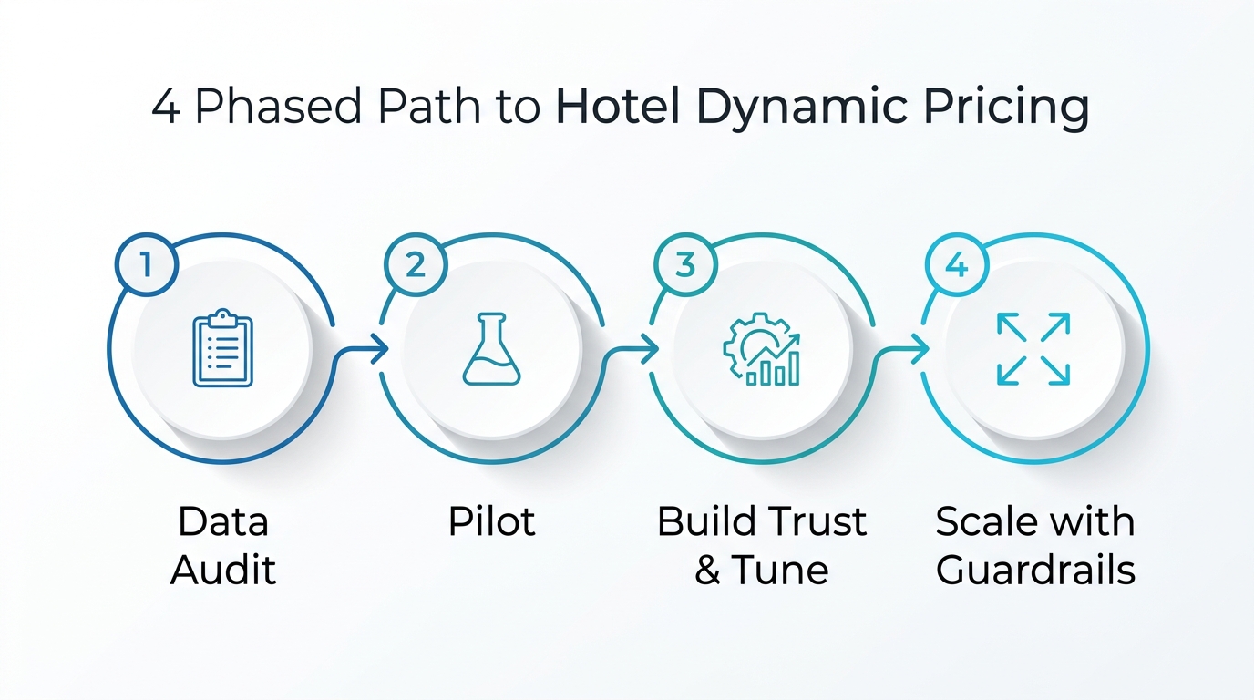Horizontal infographic showing a 4-step adoption path for hotel dynamic pricing: data audit, pilot, build trust and tune, scale with guardrails.