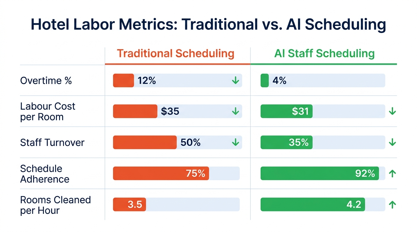 Comparison chart of traditional versus AI hotel scheduling metrics: overtime, labor cost, turnover, and adherence improvements.