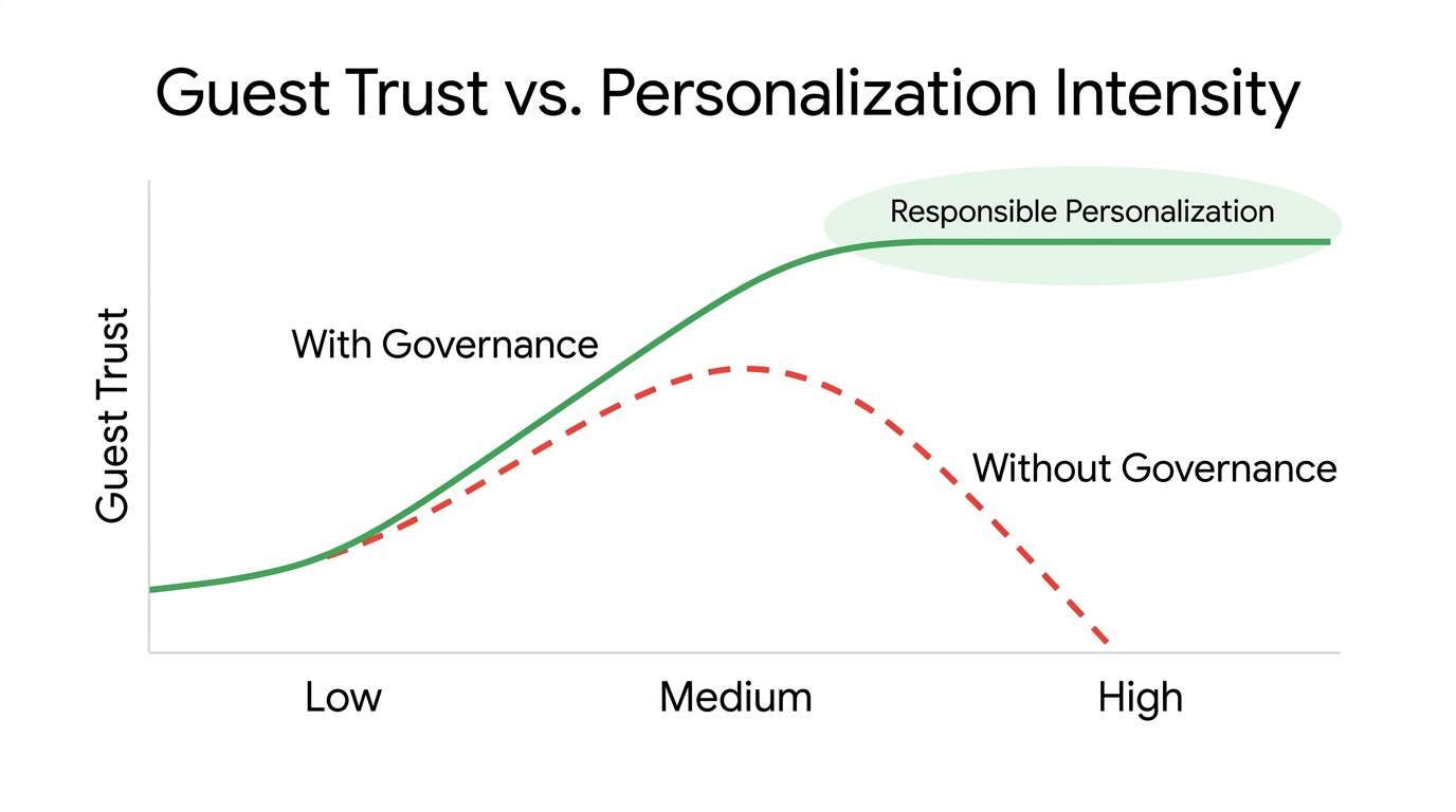 Line graph comparing guest trust with and without governance as personalization intensity increases, highlighting a responsible personalization sweet spot.