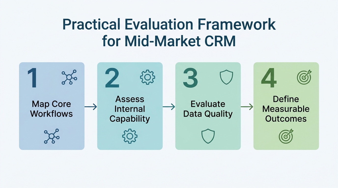 Four-step evaluation framework: Map Core Workflows, Assess Internal Capability, Evaluate Data Quality, Define Measurable Outcomes.