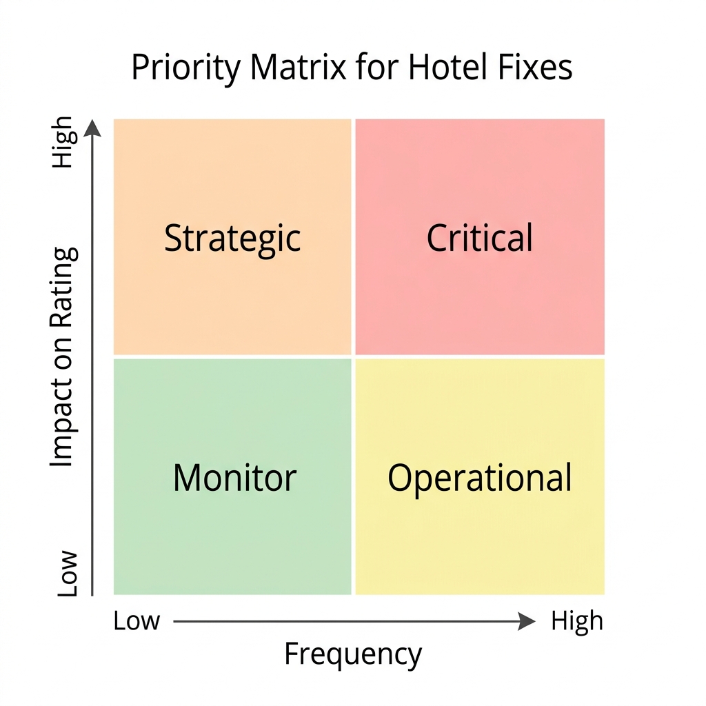 Priority matrix for hotel fixes based on complaint frequency and rating impact, with four quadrants: Critical, Strategic, Operational, Monitor.
