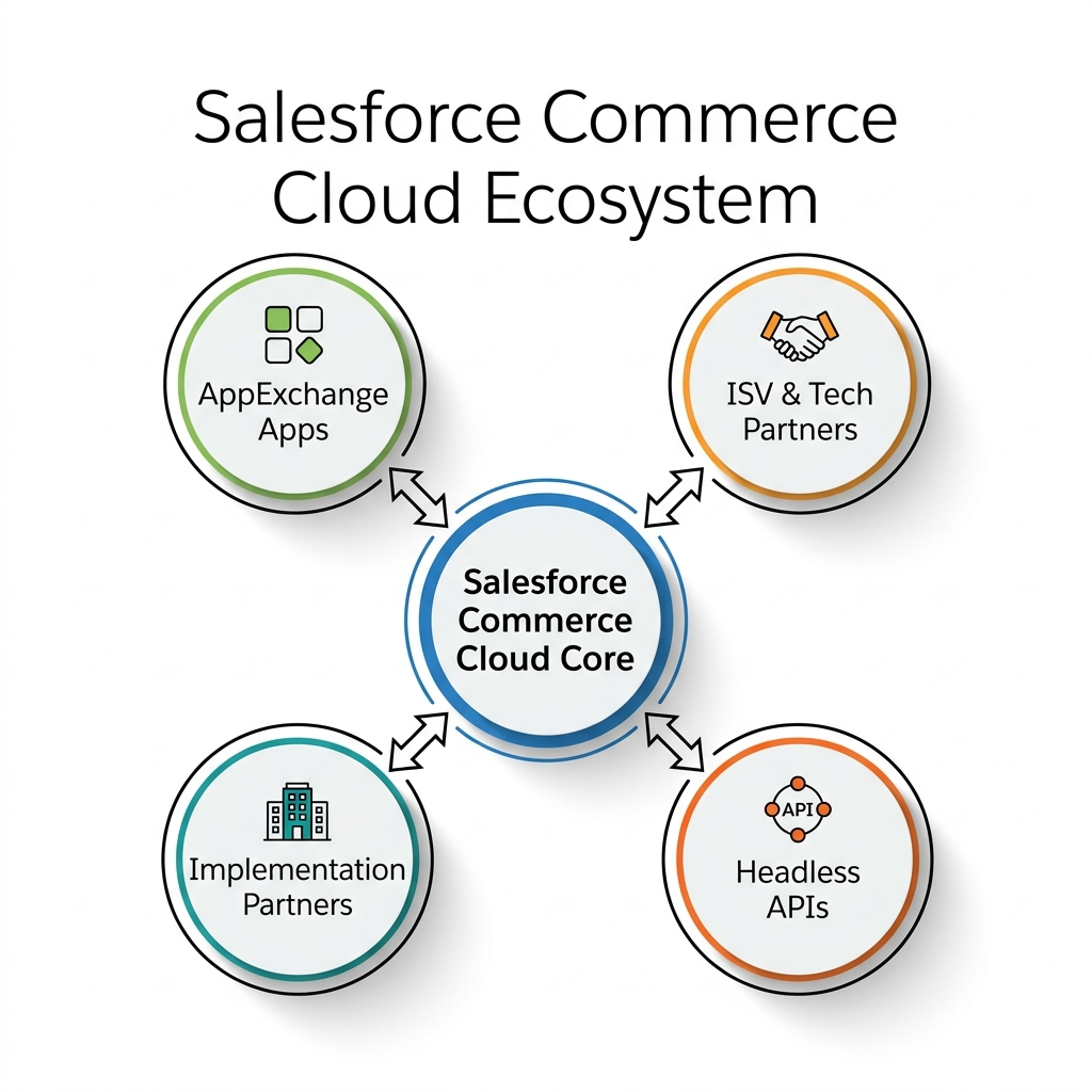 Architecture diagram of Salesforce Commerce Cloud ecosystem with AppExchange apps, ISV partners, implementation partners, and headless APIs.