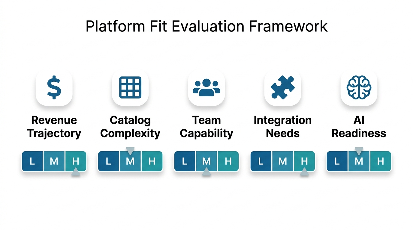 Infographic of five evaluation criteria for Salesforce Commerce Cloud fit: revenue, catalog complexity, team capability, integration needs, AI readiness.
