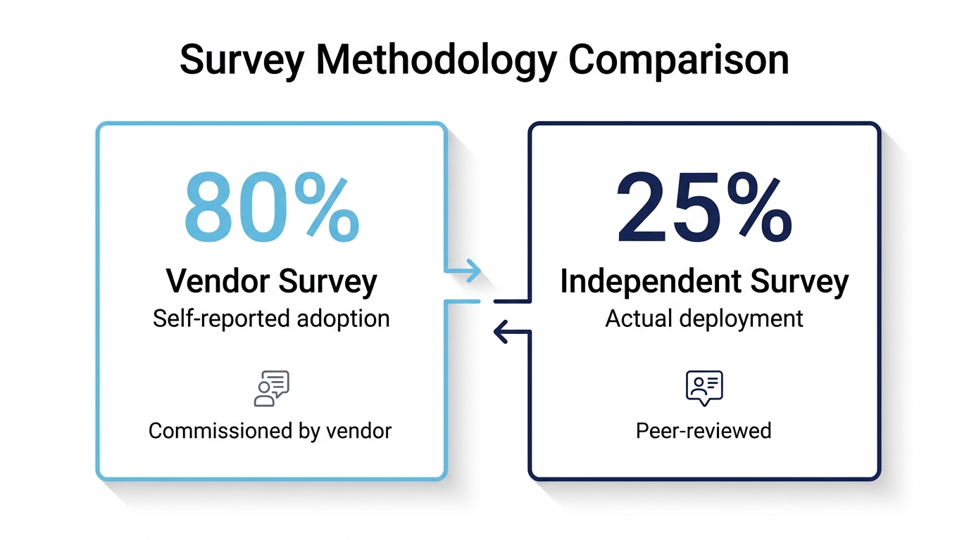 Infographic comparing vendor survey (80% adoption) vs independent survey (25% deployment), showing methodology gap in AI statistics.