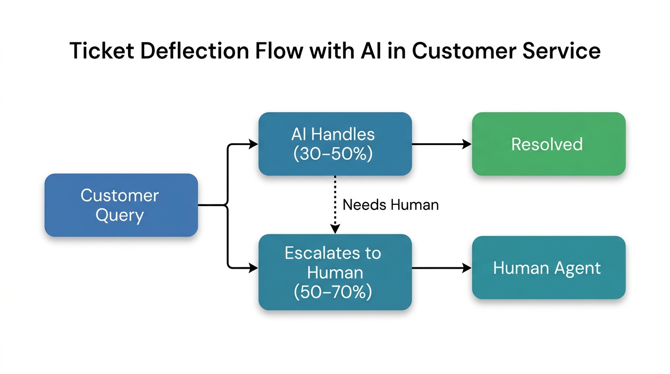Flow diagram showing customer query splitting into AI handling (30-50%) and human escalation (50-70%), with a resolved sub-path and handoff loop.