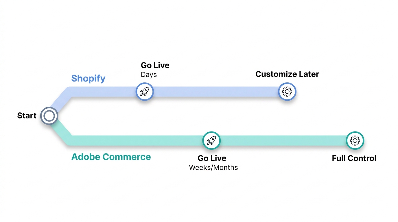 Timeline comparing Shopify going live in days with later customization, and Adobe Commerce taking weeks to months before reaching full control.