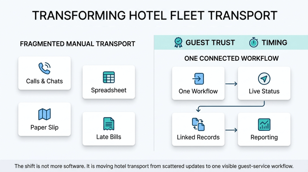Comparison diagram showing fragmented manual hotel transport versus one visible workflow linking trips, slips, bills, and guest updates.
