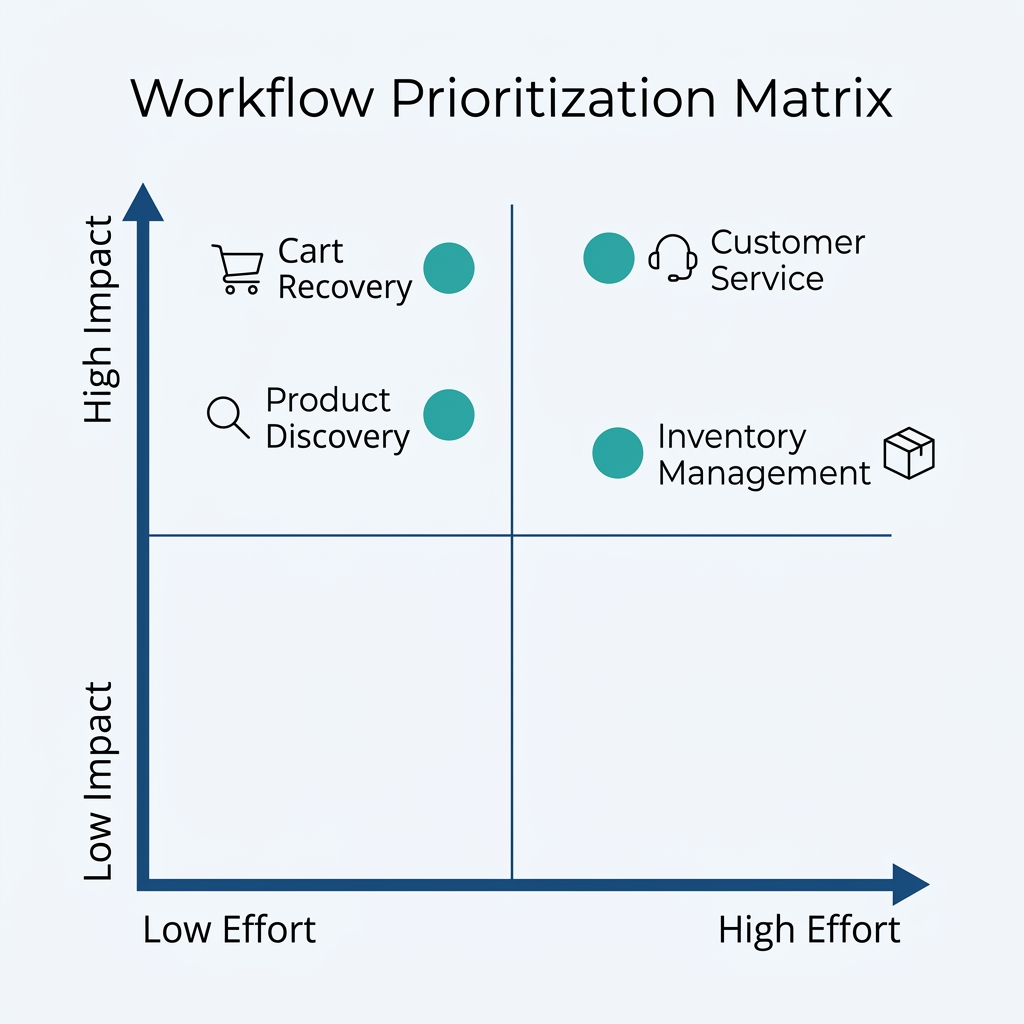 A 2x2 matrix chart with Impact vs. Implementation Effort, plotting four workflows: Cart Recovery and Product Discovery in high-impact, low-effort quadrant.
