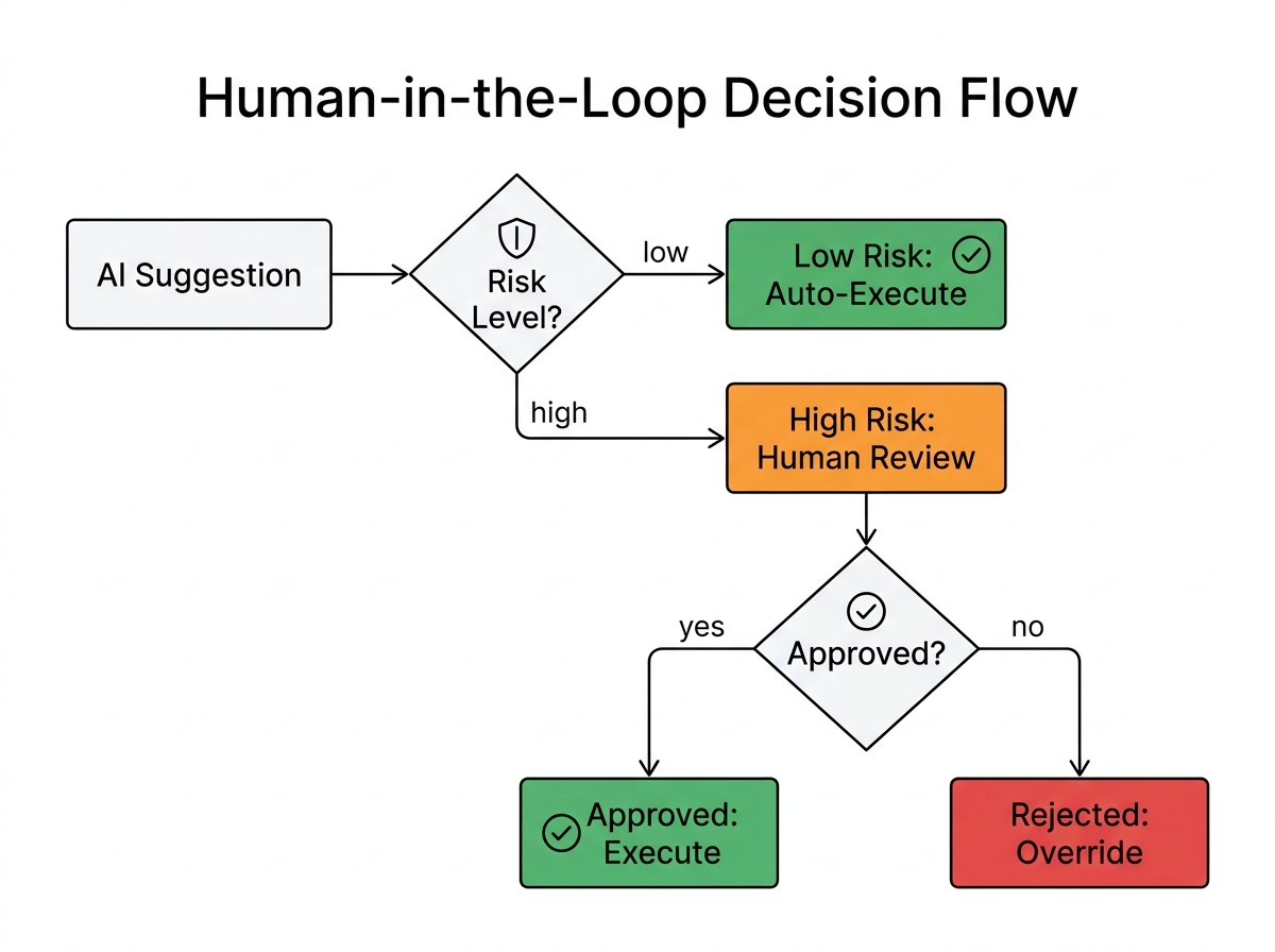 Flowchart showing AI decision routing with human approval for high-risk actions in Zoho AI implementations.
