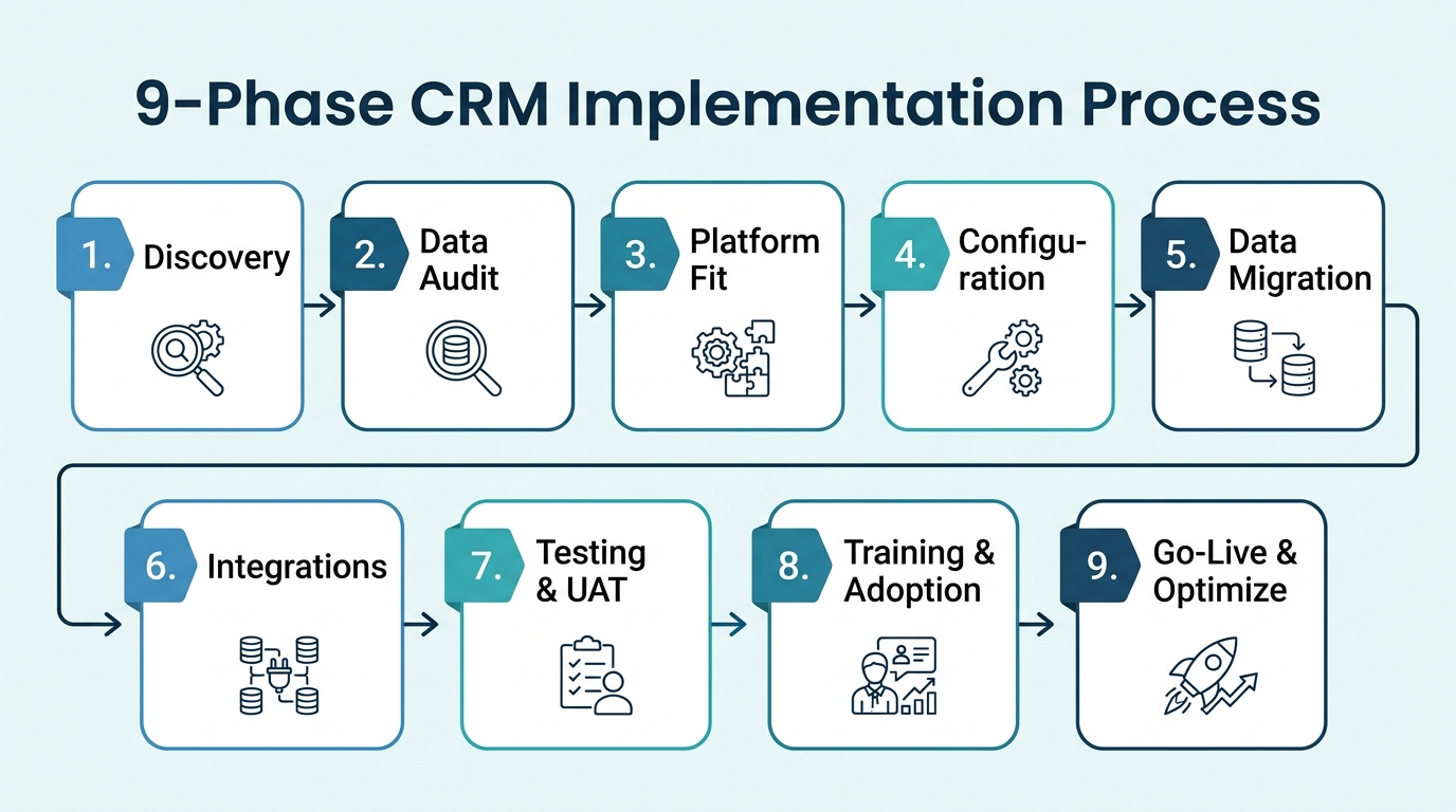 Flow diagram showing the nine phases of CRM implementation in order: Discovery, Data Audit, Platform Fit, Configuration, Data Migration, Integrations, Testing