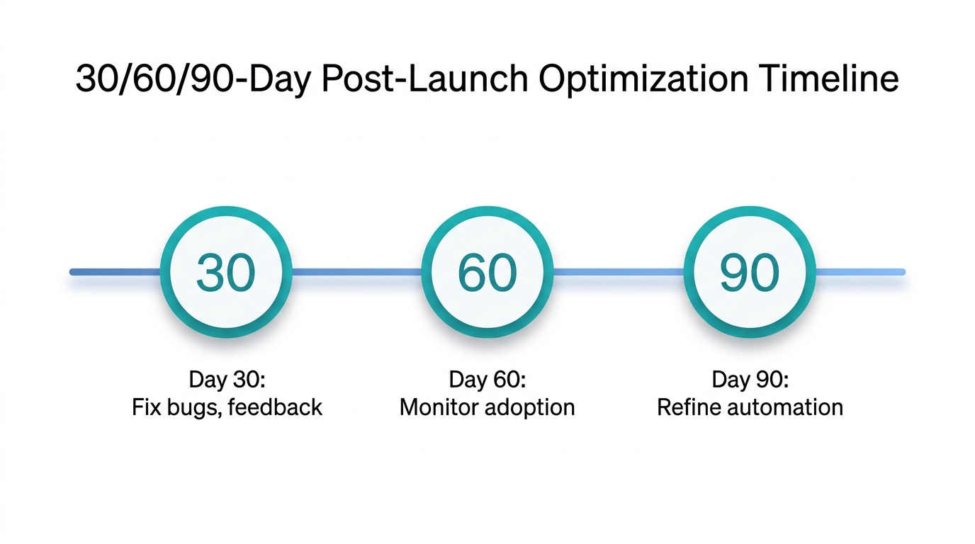 Timeline graphic showing a 30/60/90-day roadmap post CRM go-live, with tasks at day 30: fix bugs and collect feedback, day 60: monitor adoption, and day 90