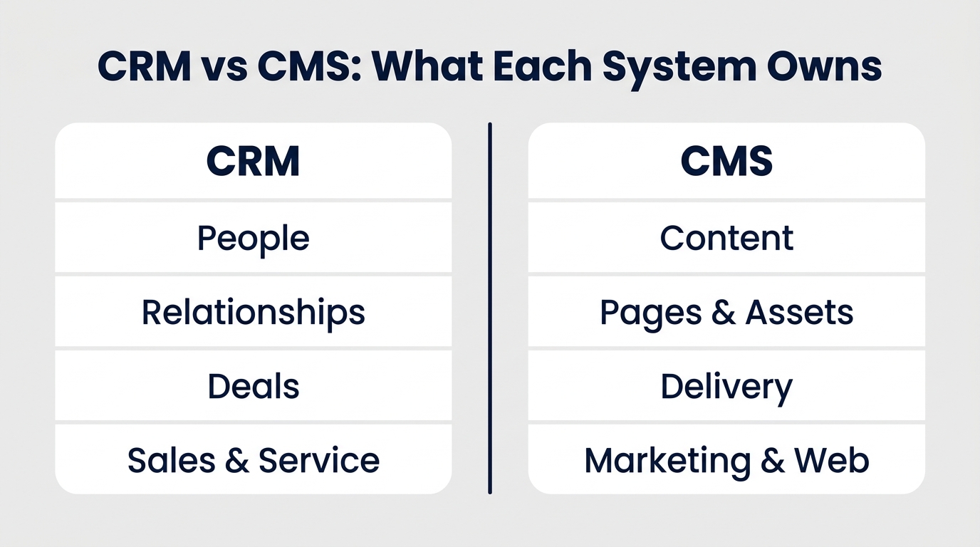 Two-column comparison of CRM versus CMS showing people, relationships, deals and sales on one side and content, pages, delivery and marketing on the other.