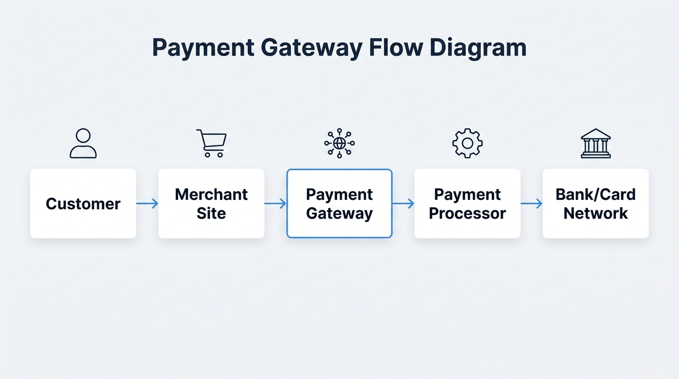 Flow diagram showing the payment journey from customer to merchant site, payment gateway, payment processor, and bank.