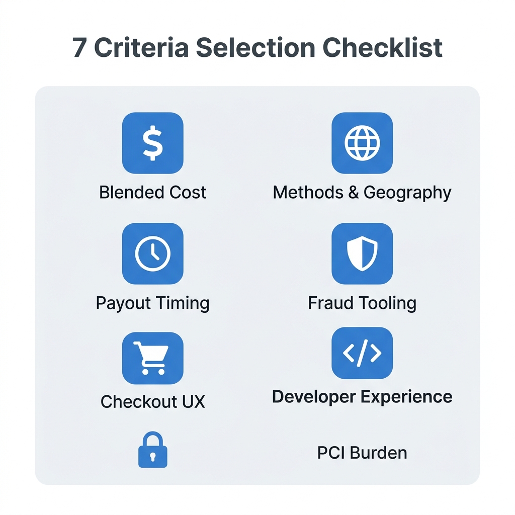 Infographic listing seven payment gateway selection criteria with icons: Blended Cost, Methods & Geography, Payout Timing, Fraud Tooling, Checkout UX