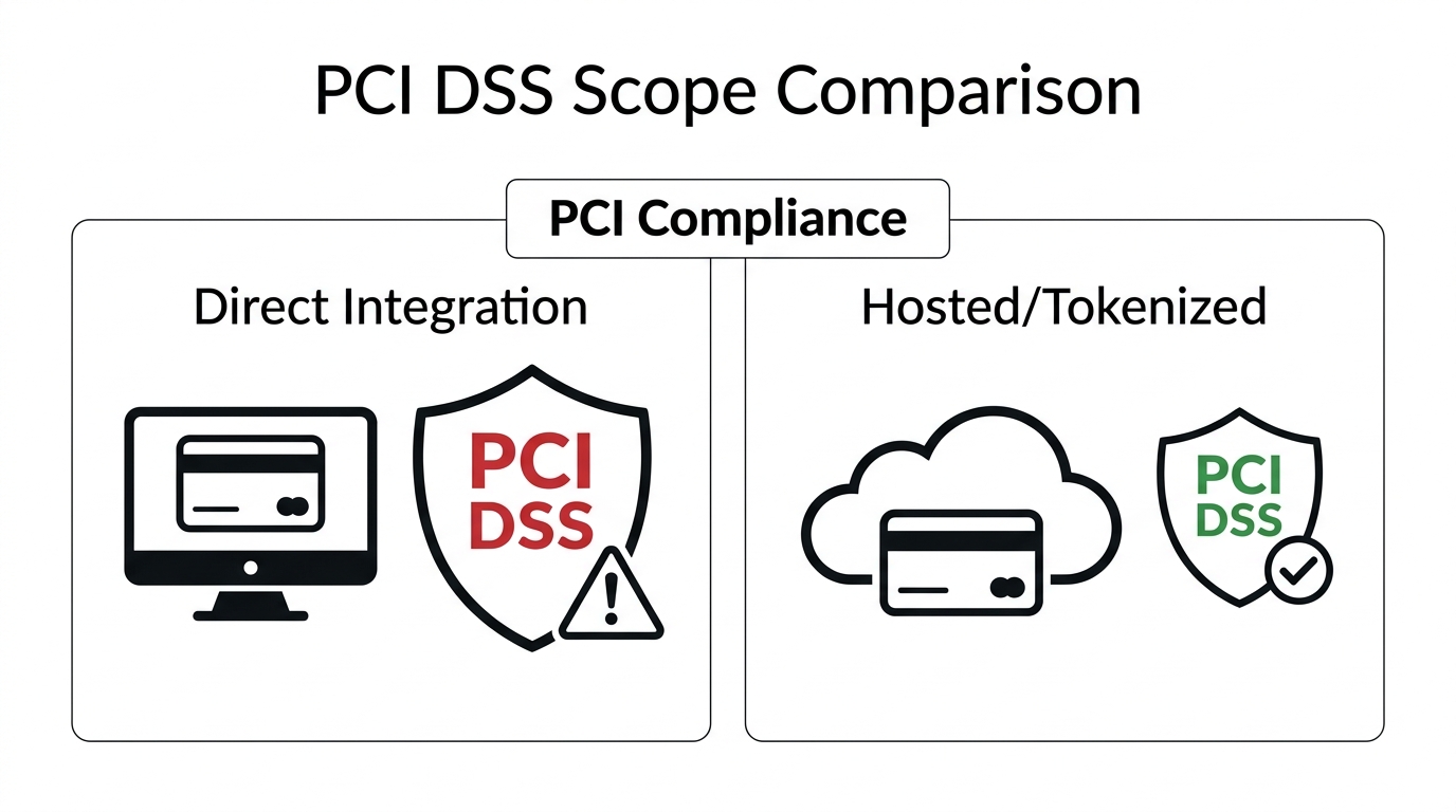 Comparison diagram showing that direct integration has a larger PCI DSS scope, while hosted or tokenized integration reduces the compliance burden.